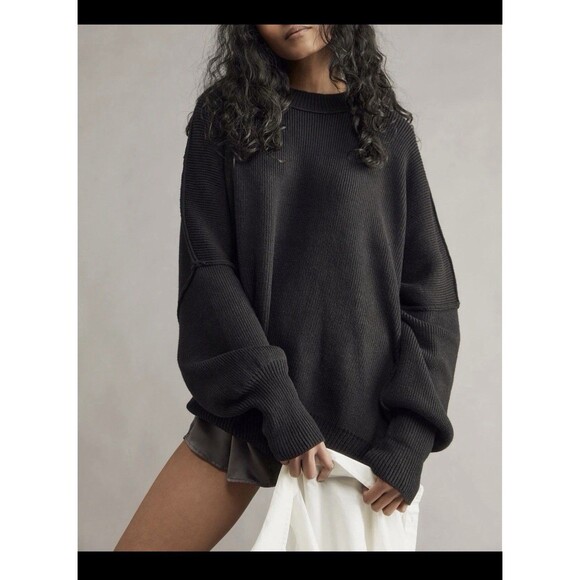 Free People Sweaters - Free People Easy Street Tunic Sweater Women Small Black Tight Knit Rib Oversized